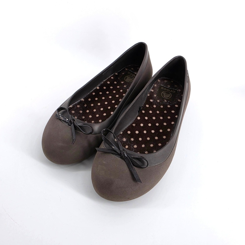 Crocs Mammoth Bow Flats 10 Brown Polka Dot Lining Casual Comfort Shoes Twee Prep